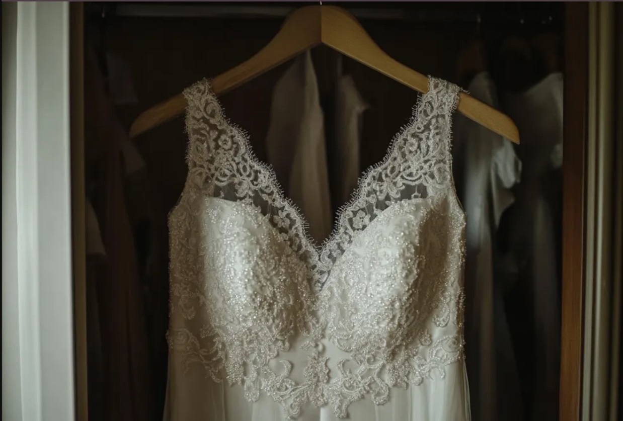 A-wedding-dress-hanging-in-a-closet | Source: Midjourney