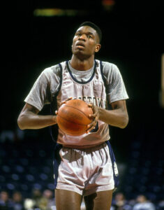 Dikembe Mutombo playing for the Georgetown Hoyas in Landover, Md. on Jan. 1 1991